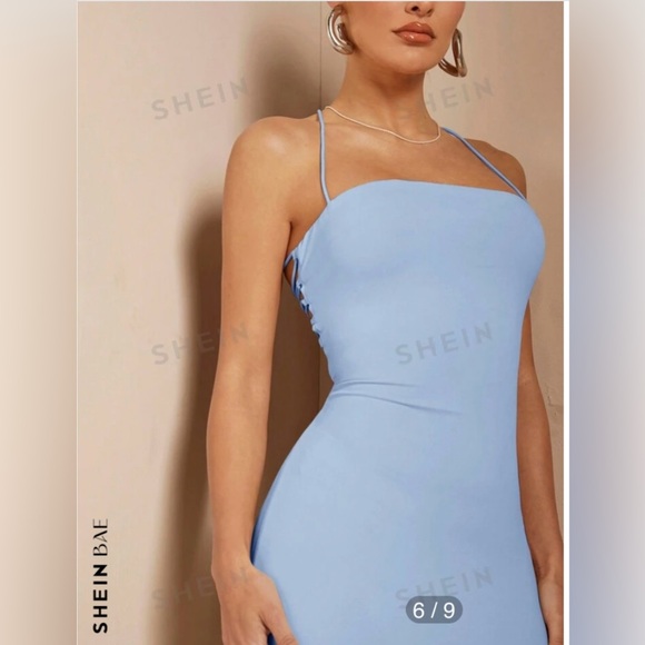 SHEIN Light Blue Bodycon Halter Neck
Spaghetti Strap Tie Low Back Shiny Dress M - Picture 3 of 16